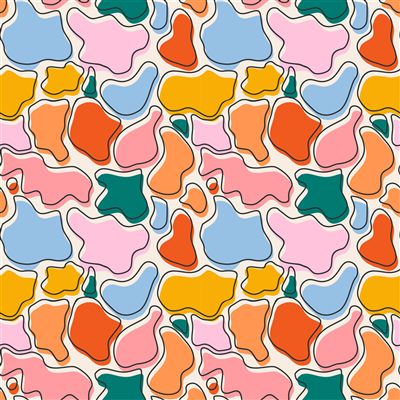 Abstract shapes in coral, pink and pale blue on cream